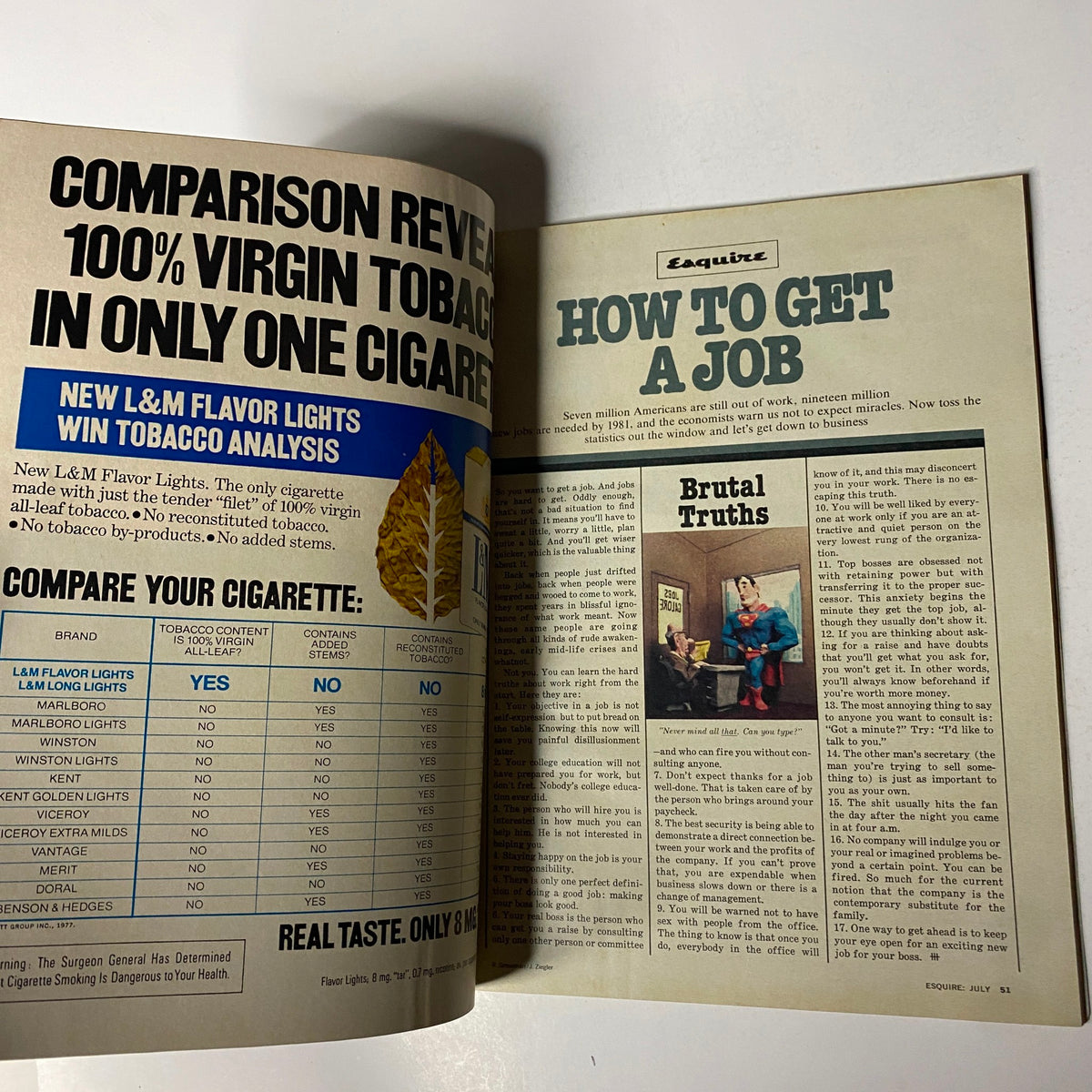 Inside pages of Esquire Magazine July 1977 showing an article titled 'How To Get A Job' featuring a column called 'Brutal Truths' discussing employment challenges.