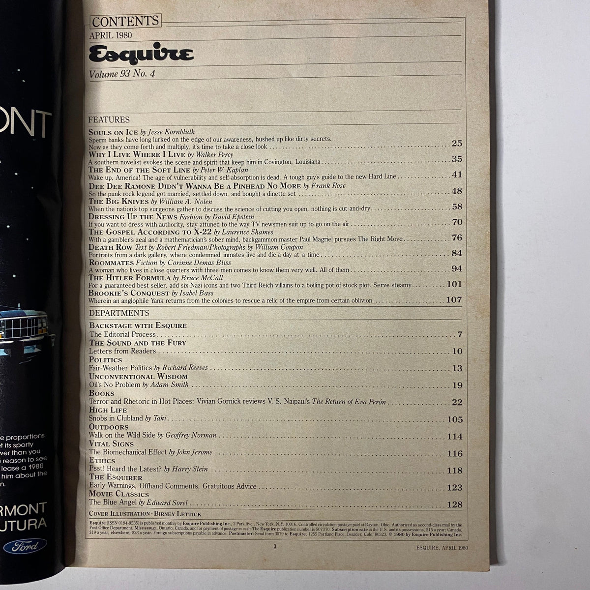 Contents page of Esquire Magazine April 1980 showing the issue's features including articles on culture and society, underlining the publication's role in early 1980s journalism.
