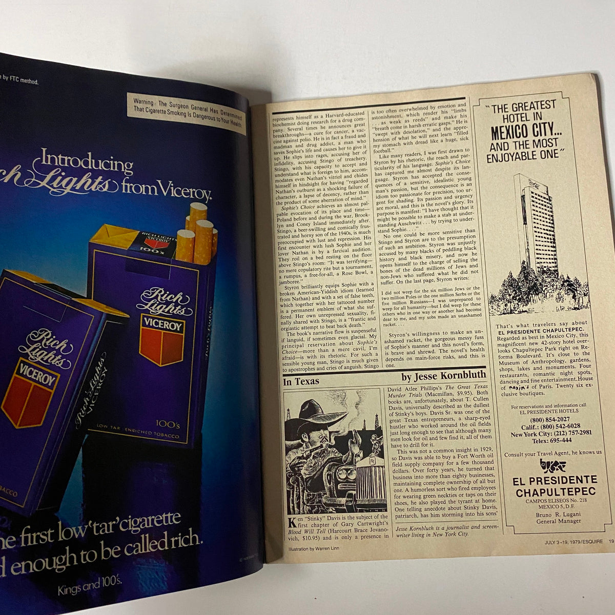 Inner page of Esquire Magazine July 3-19, 1979 showcasing vintage advertising and an article by Jesse Kornbluth.