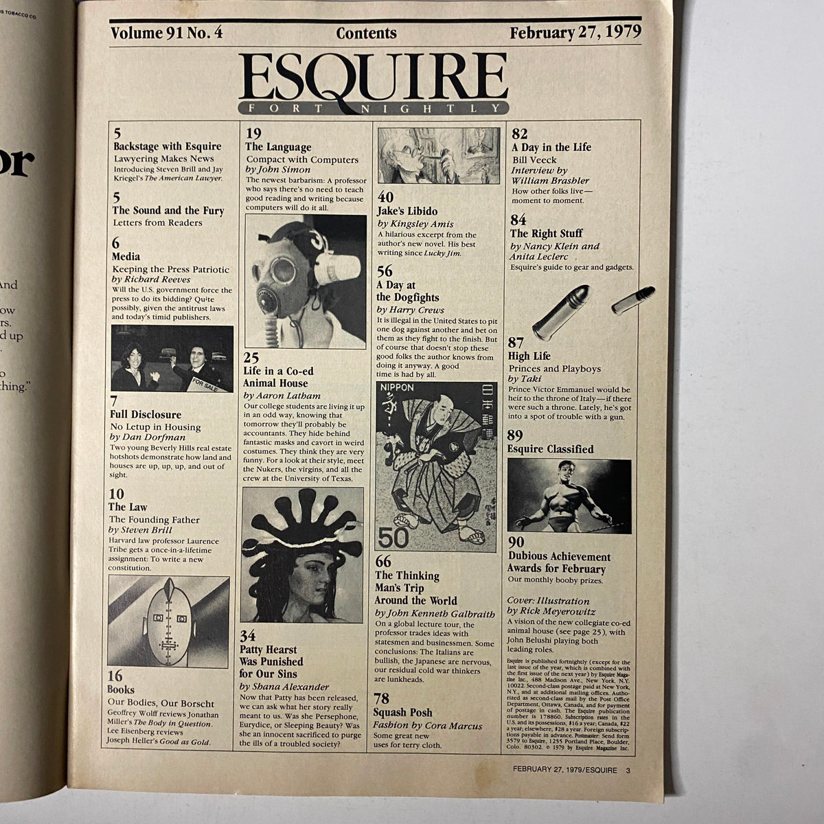 Contents page of Esquire Magazine February 27, 1979, highlighting various articles including 'Life in a Co-ed Animal House' by Aaron Latham and other cultural insights.