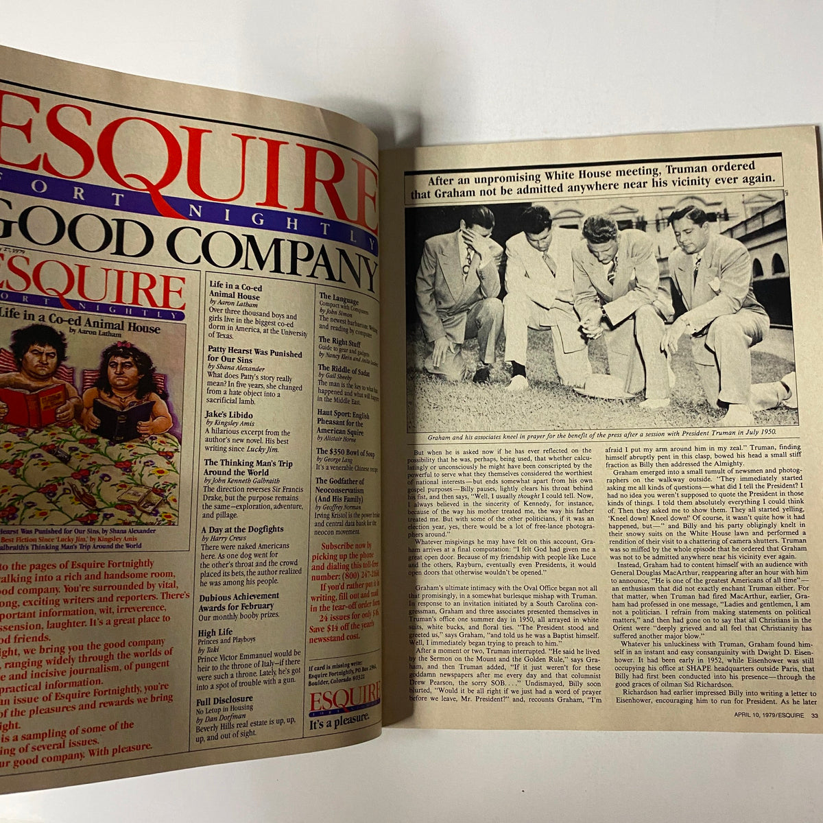 Esquire Magazine April 10, 1979 - Inside spread showing an article about Billy Graham's meetings with U.S. Presidents.