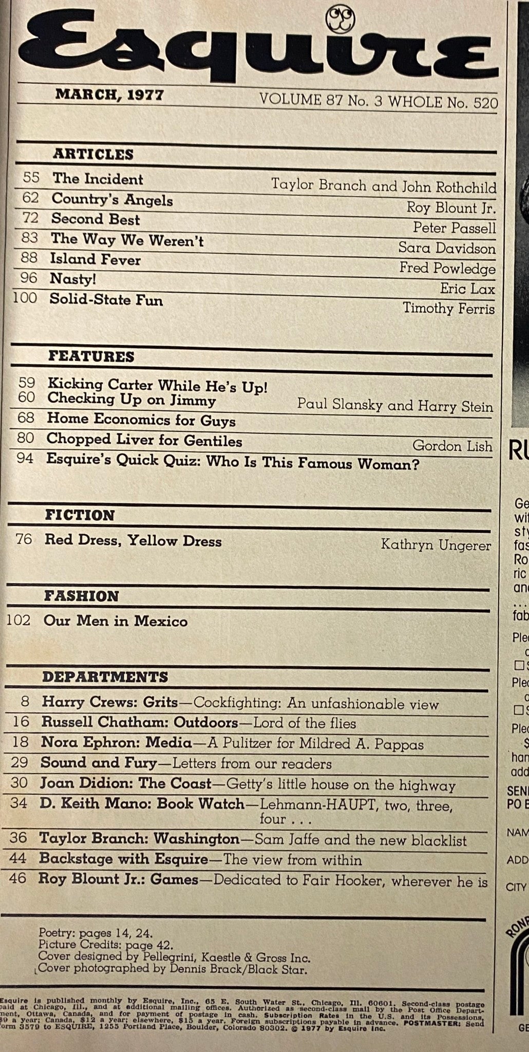 Table of contents of Esquire Magazine March 1977 highlighting articles and features including 'Kicking Carter While He's Up!'. This page represents the magazine's diverse content focusing on both fiction and political critique.