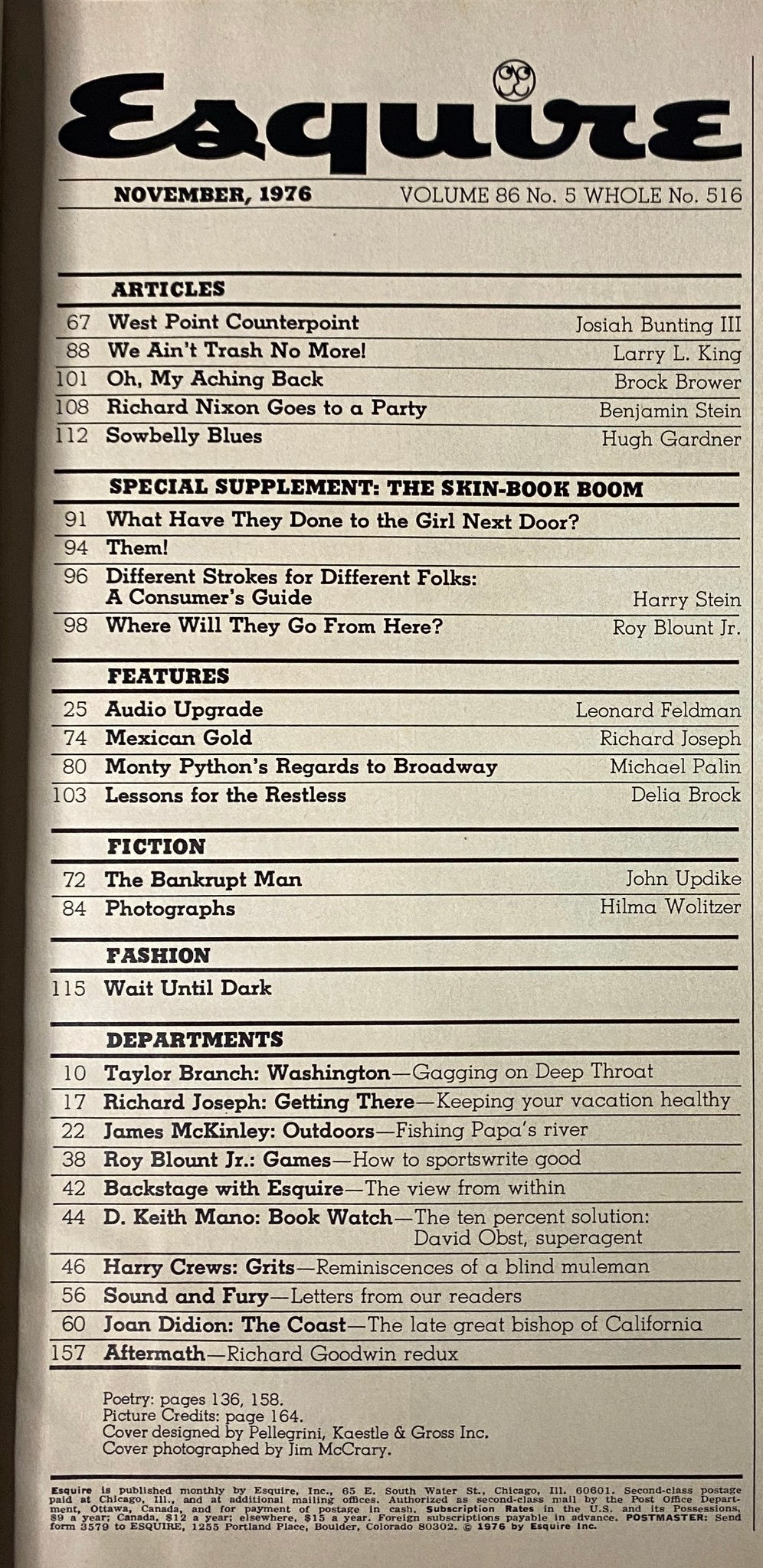 Table of contents from Esquire Magazine November 1976 featuring articles and sections including Hugh Hefner and Monty Python.
