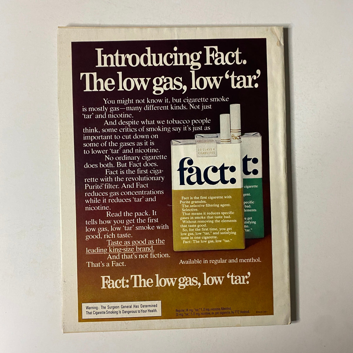 Advertisement for Fact cigarettes in Esquire Magazine November 1976 highlighting low gas and low tar features.