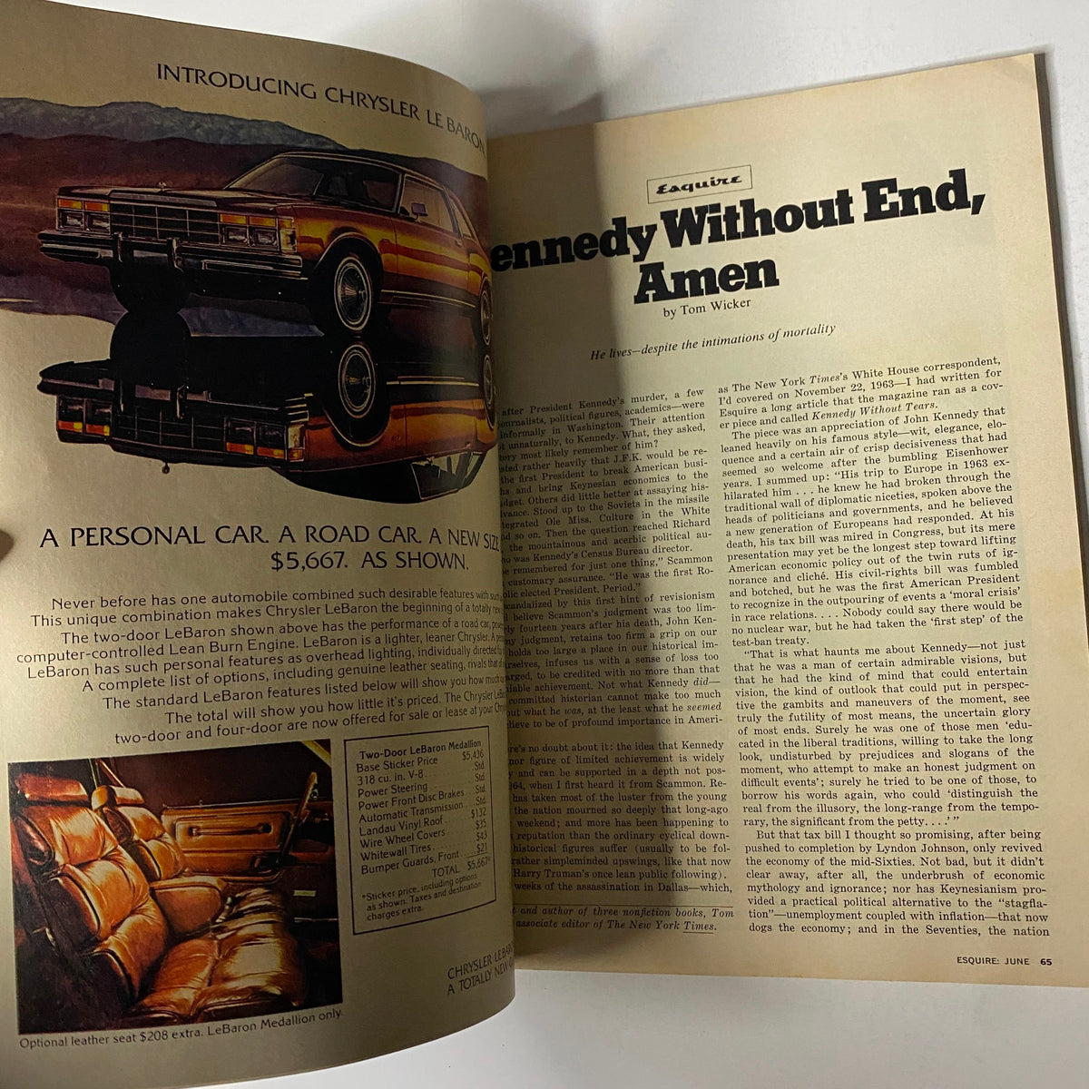 Article page titled 'Kennedy Without End, Amen' by Tom Wicker from Esquire Magazine June 1977, discussing the impact of John F. Kennedy on American society.