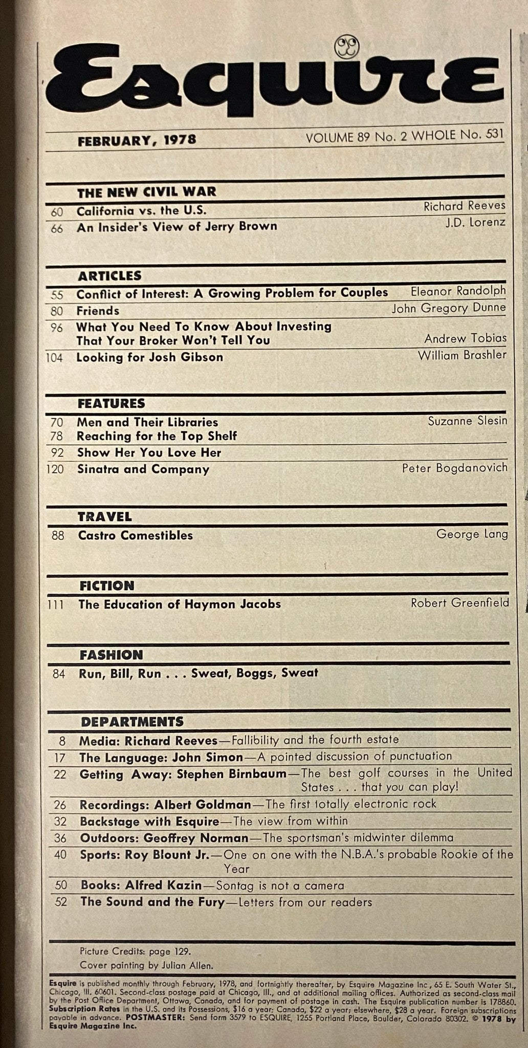 Table of contents from Esquire Magazine February 1978 showcasing featured articles including 'California vs. The U.S.' and investment insights.