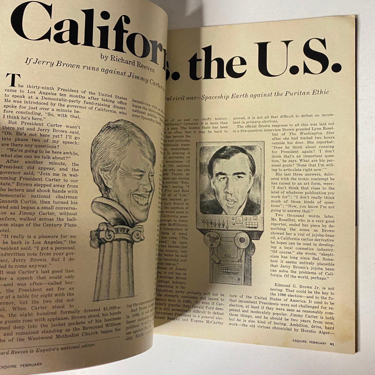 Esquire Magazine February 1978 featuring an illustrated article about California Governor Jerry Brown and President Jimmy Carter, discussing political dynamics in the U.S.