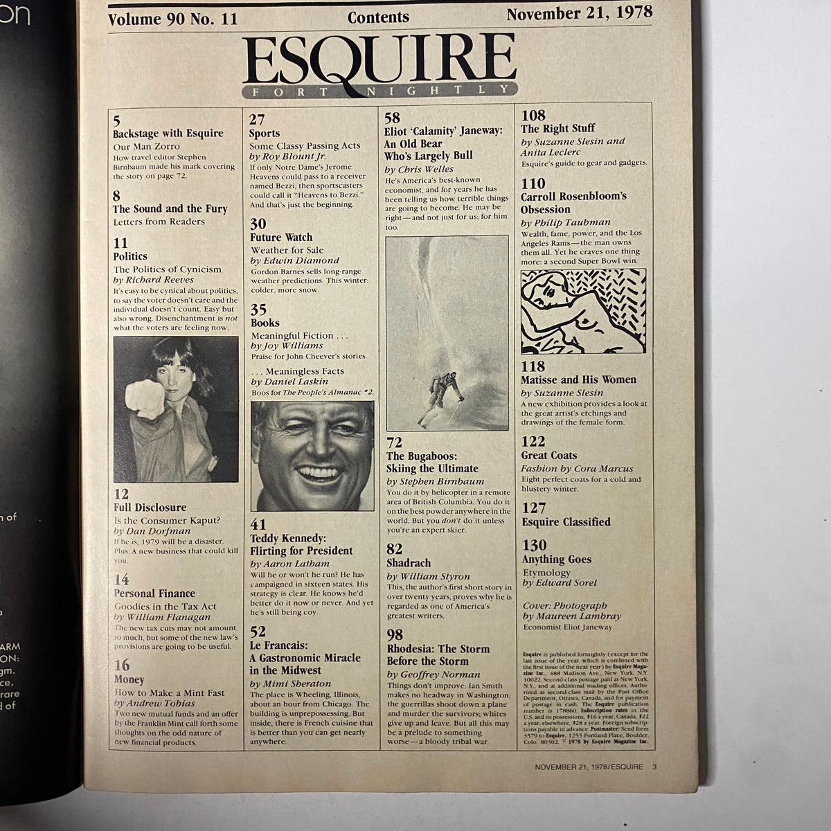 Table of Contents page of Esquire Magazine November 21, 1978, listing key articles including 'Eliot (Calamity) Janeway: An Old Bear Who's Largely Bull'.