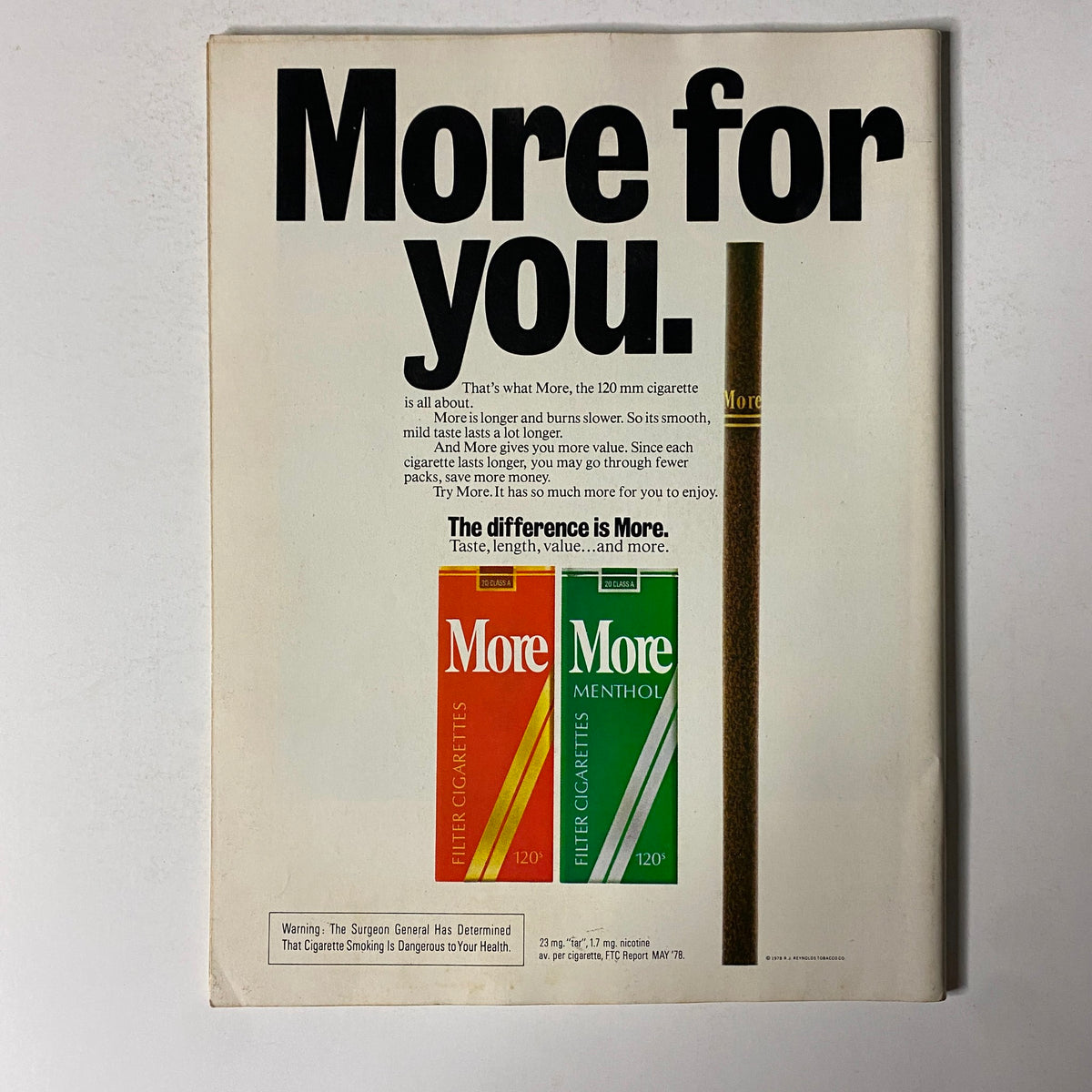 Advertisement page from Esquire Magazine dated November 7, 1978 promoting 'More' cigarettes featuring 'More for You' slogan, emphasizing the length and value of the product.