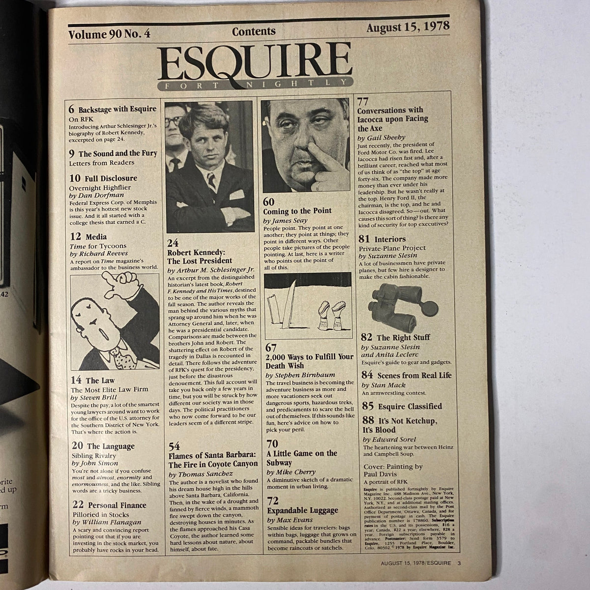 Contents page of Esquire Magazine August 15, 1978 listing articles including Robert Kennedy: The Lost President.