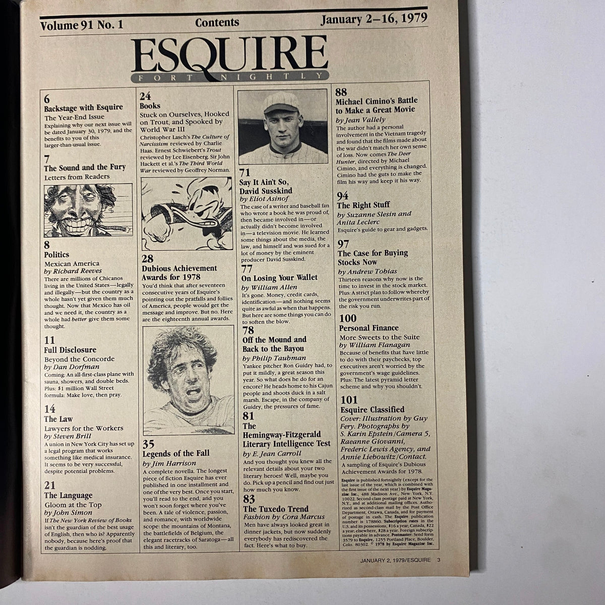 Contents page of Esquire Magazine January 2-16, 1979, listing featured articles including Dubious Achievement Awards and Michael Cimino's filmmaking process.