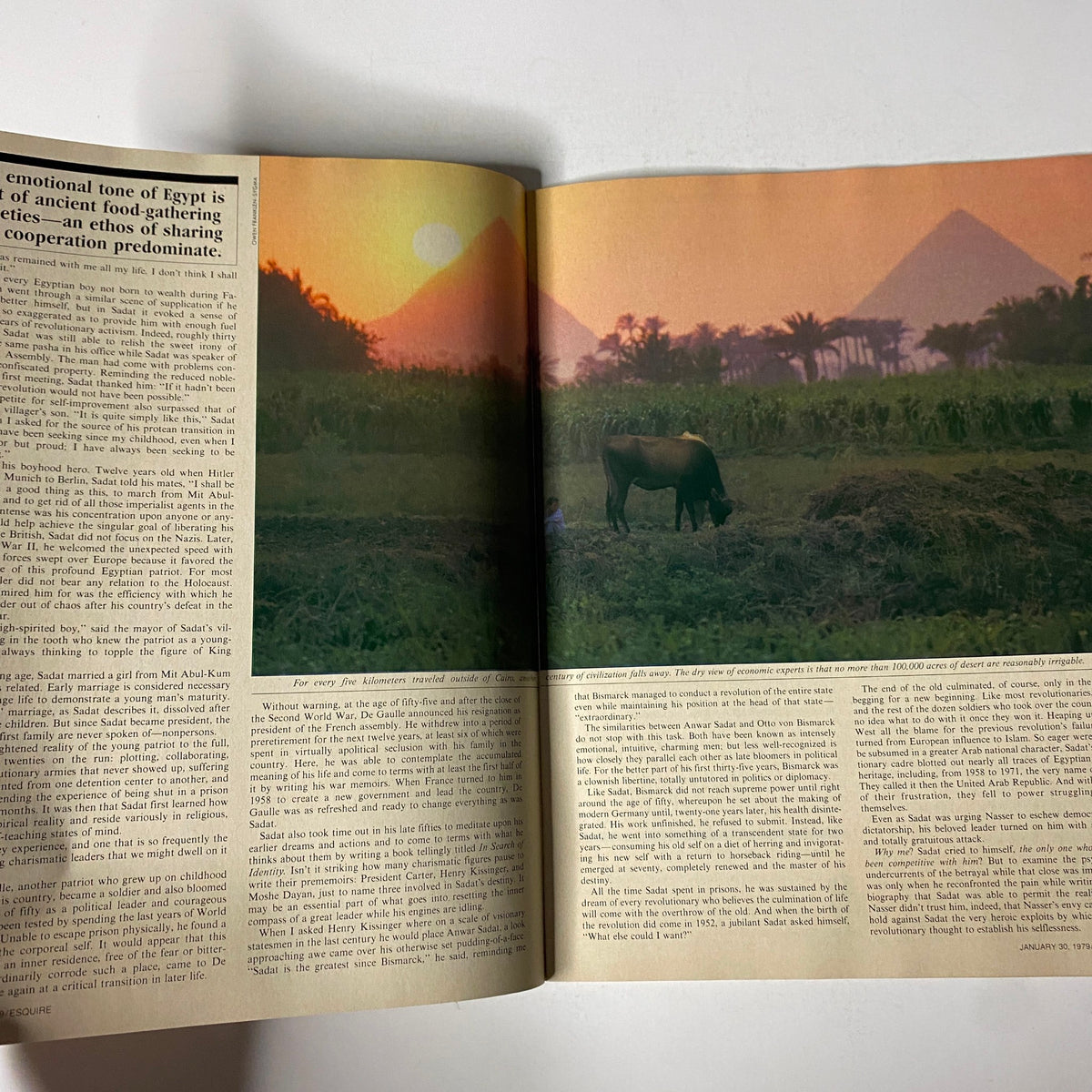 Inside page of Esquire Magazine January 30, 1979, featuring an article about Anwar Sadat with a sunset and pyramids in the background, reflecting on Egyptian society and culture.
