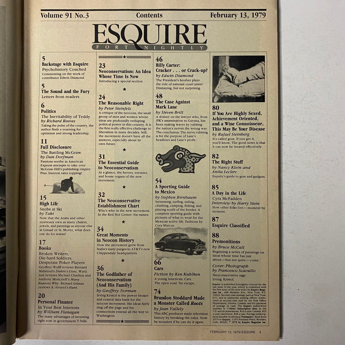 Table of contents page from Esquire Magazine February 13, 1979, highlighting prominent articles including Neoconservatism.