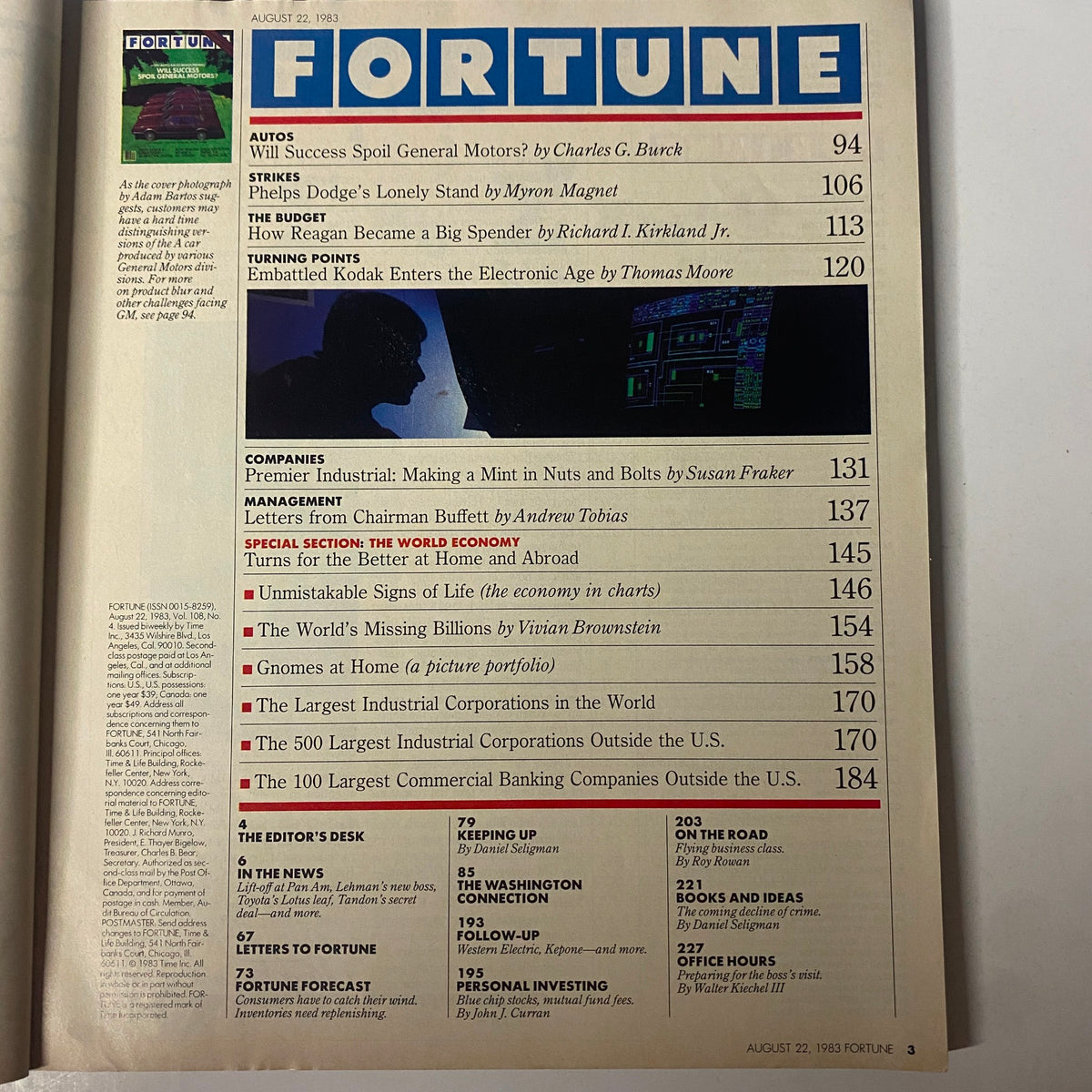 Table of contents page from Fortune Magazine August 22, 1983, highlighting key articles including 'Will Success Spoil General Motors?' and various economic topics.