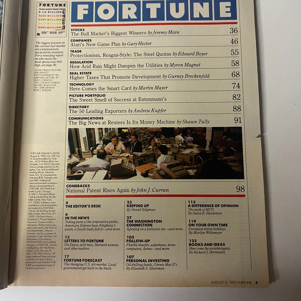 Interior page of Fortune Magazine August 8, 1983 displaying the table of contents including articles on the bull market and economic trends.