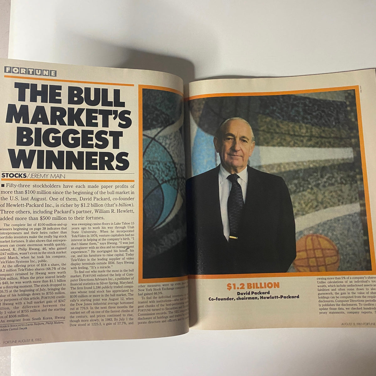 Feature article page from Fortune Magazine August 8, 1983 titled 'The Bull Market's Biggest Winners' highlighting David Packard and profits made during the market boom.