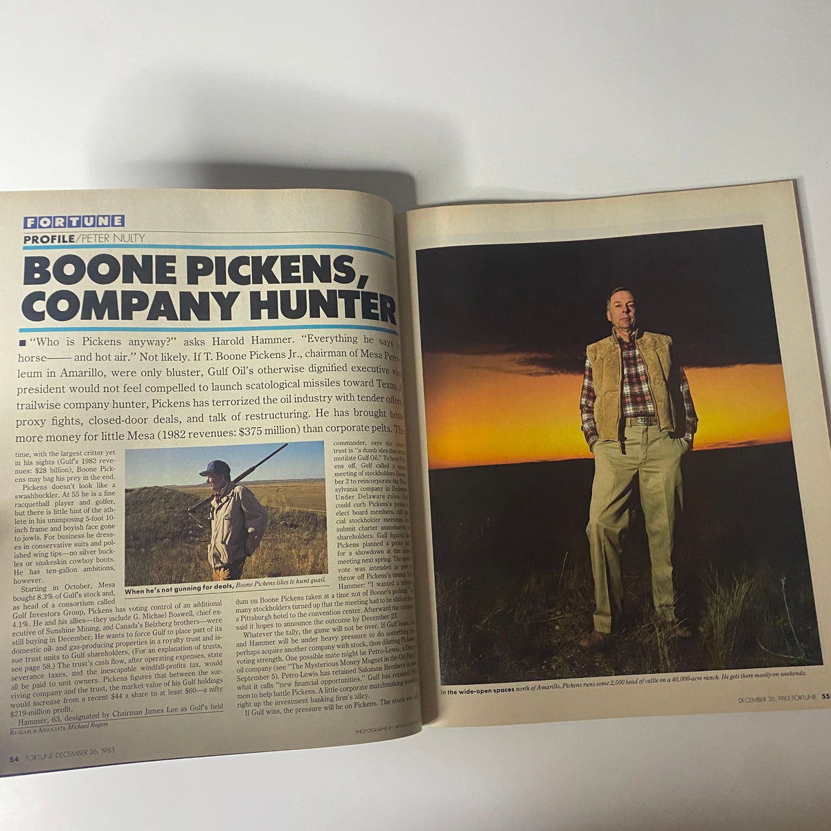 Inside spread of Fortune Magazine December 26, 1983, with the article Boone Pickens, Company Hunter, featuring a detailed profile of the corporate raider Boone Pickens.