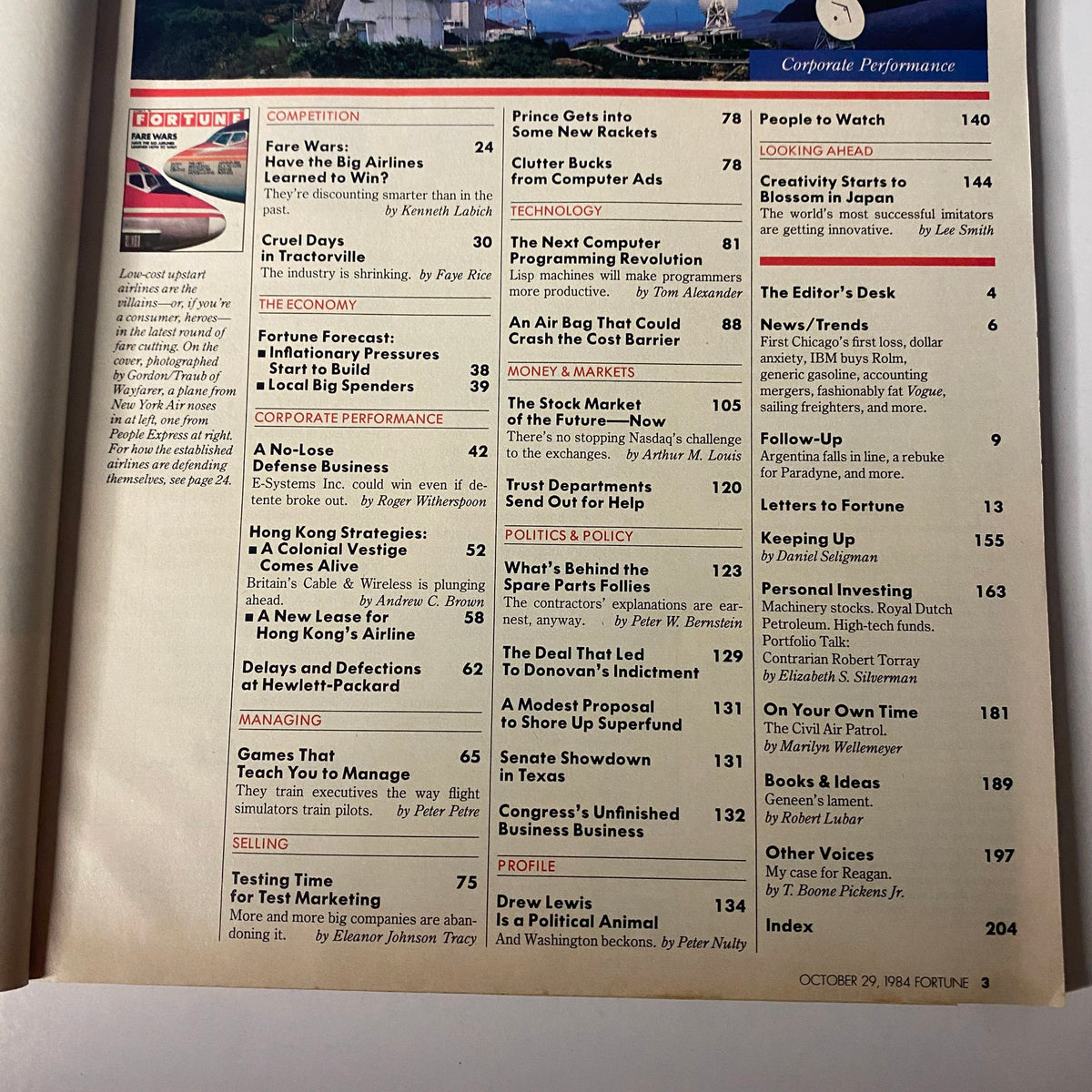 Inside page of Fortune Magazine dated October 29, 1984, displaying the table of contents with featured articles including 'Fare Wars: Have the Big Airlines Learned How to Win?' highlighting various business themes.