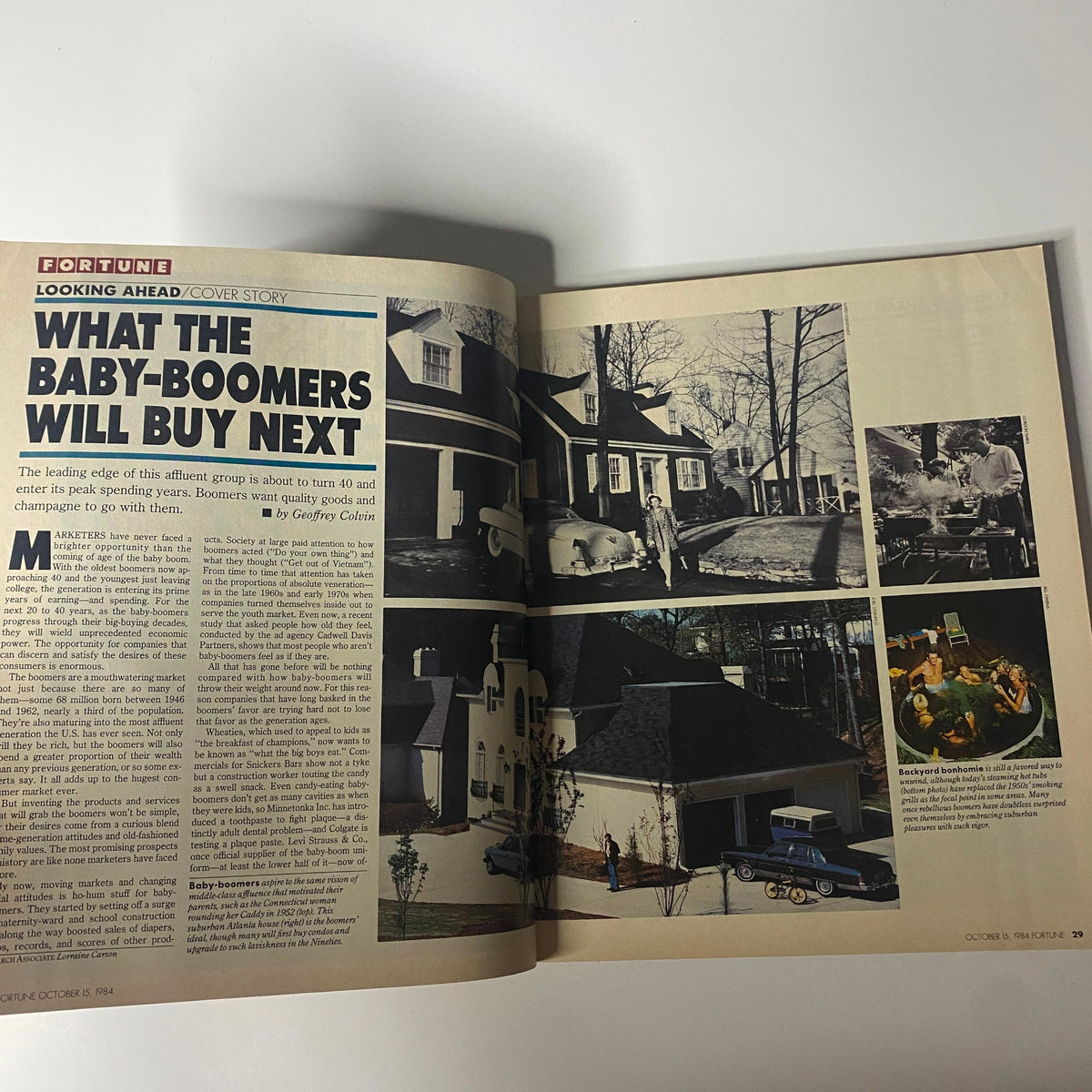 Inside page of Fortune Magazine October 15, 1984, highlighting the cover story 'What the Baby-Boomers Will Buy Next,' with imagery showcasing baby boomers' lifestyle and consumer trends.
