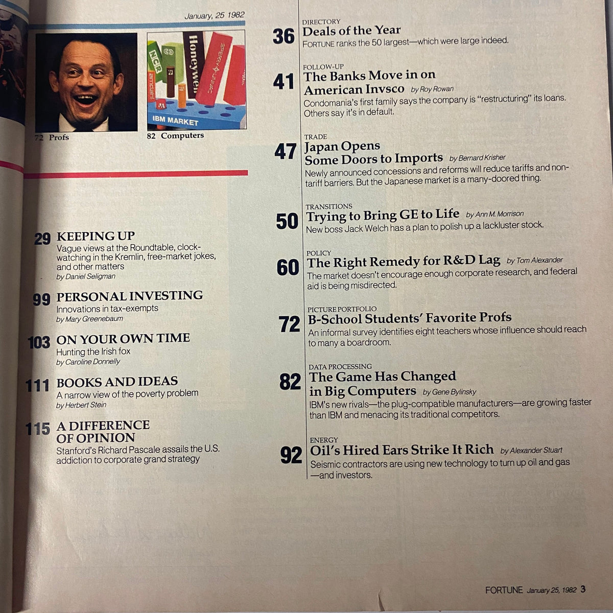 Interior content page from Fortune Magazine, January 25, 1982, outlining various articles and departments related to corporate strategies and economic analysis.