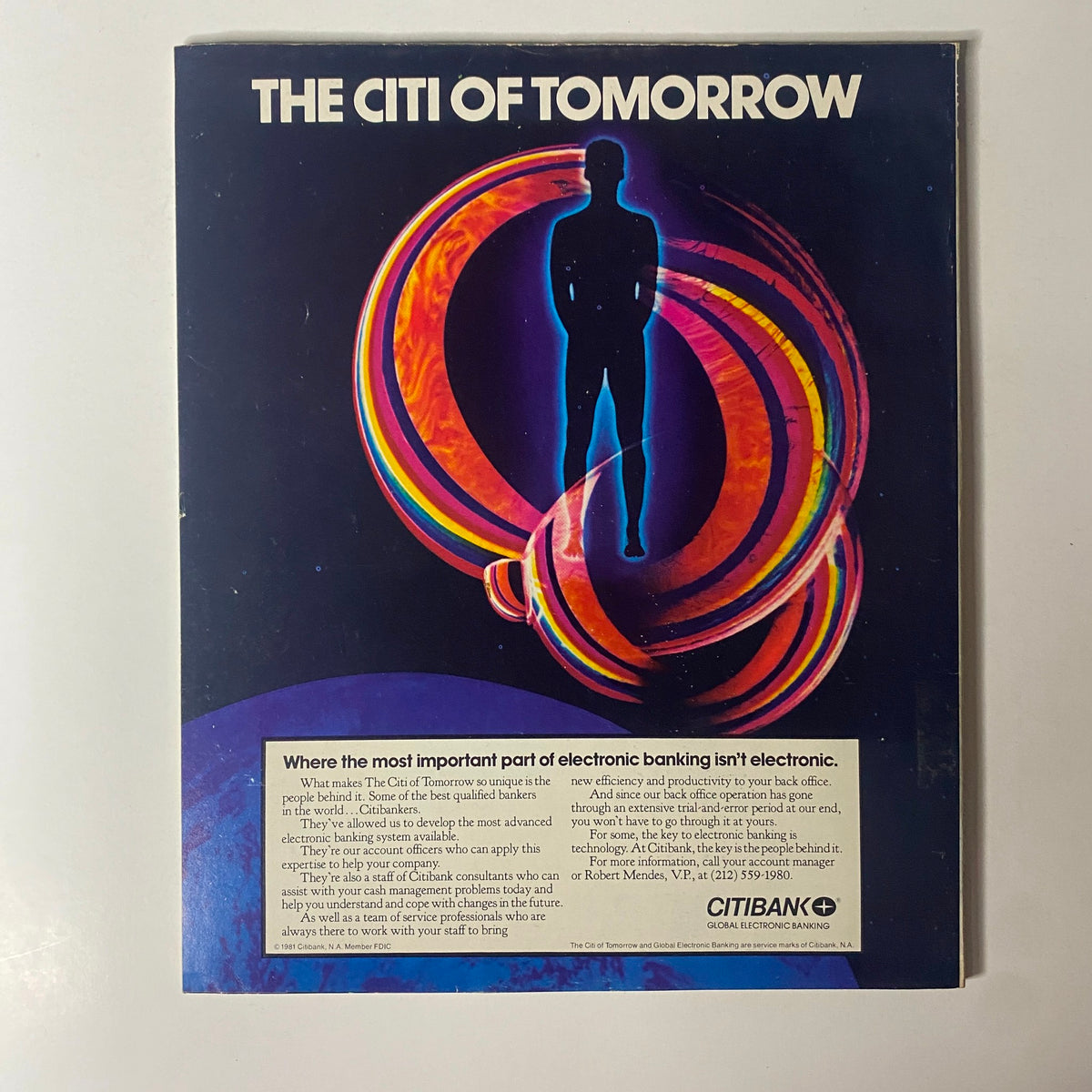 Back cover of Fortune Magazine, January 25, 1982, promoting 'The Citi of Tomorrow' with a colorful illustration emphasizing electronic banking and consultancy.