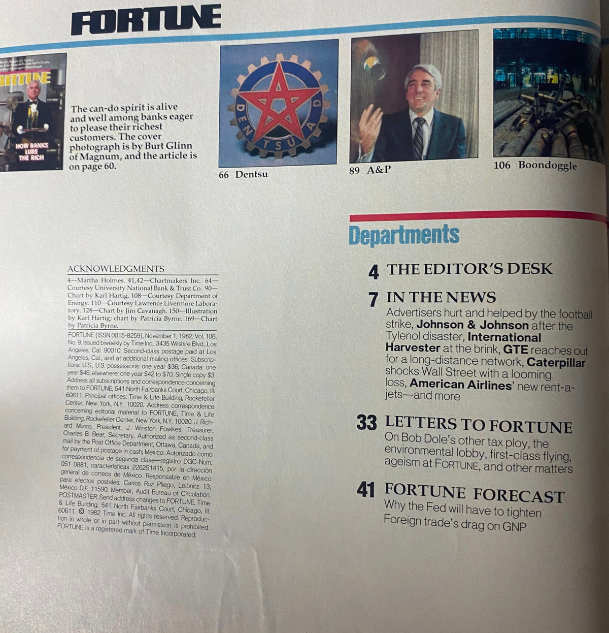 Contents page of Fortune Magazine, November 1, 1982, highlighting sections including 'The Editor’s Desk' and 'In The News'.