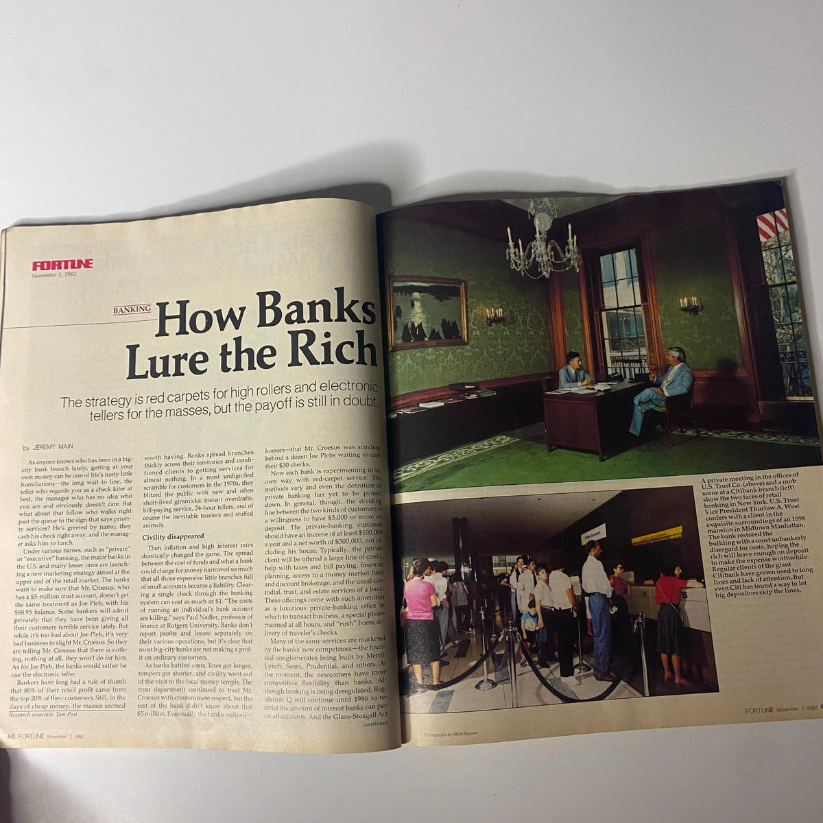 Article spread from Fortune Magazine, November 1, 1982, featuring the title 'How Banks Lure The Rich' with images depicting a banking environment and customers.