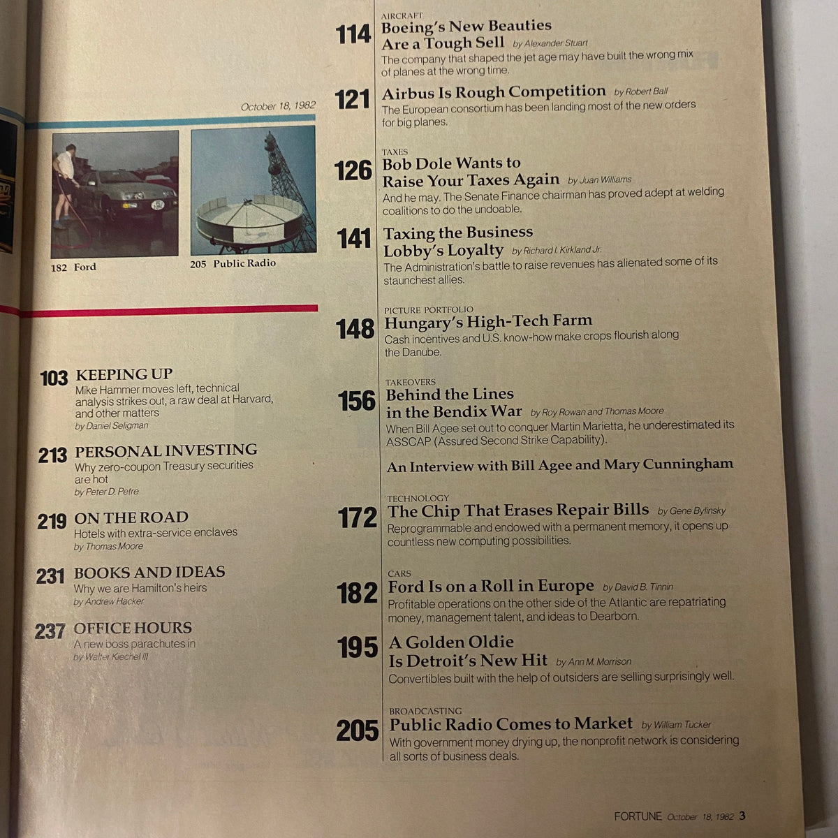 Contents of Fortune Magazine dated October 18, 1982, showcasing articles related to the aircraft industry and Boeing vs Airbus competition.