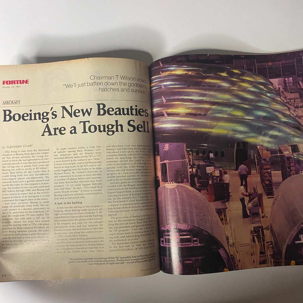 Inside article from Fortune Magazine, October 18, 1982, titled 'Boeing's New Beauties Are a Tough Sell', discussing Boeing's challenges in the aviation market.