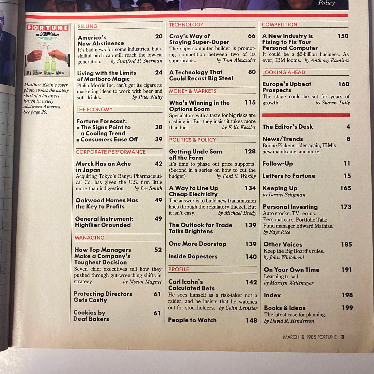 Table of contents for Fortune Magazine March 18, 1985, outlining articles including America's New Abstinence and corporate performance analysis.