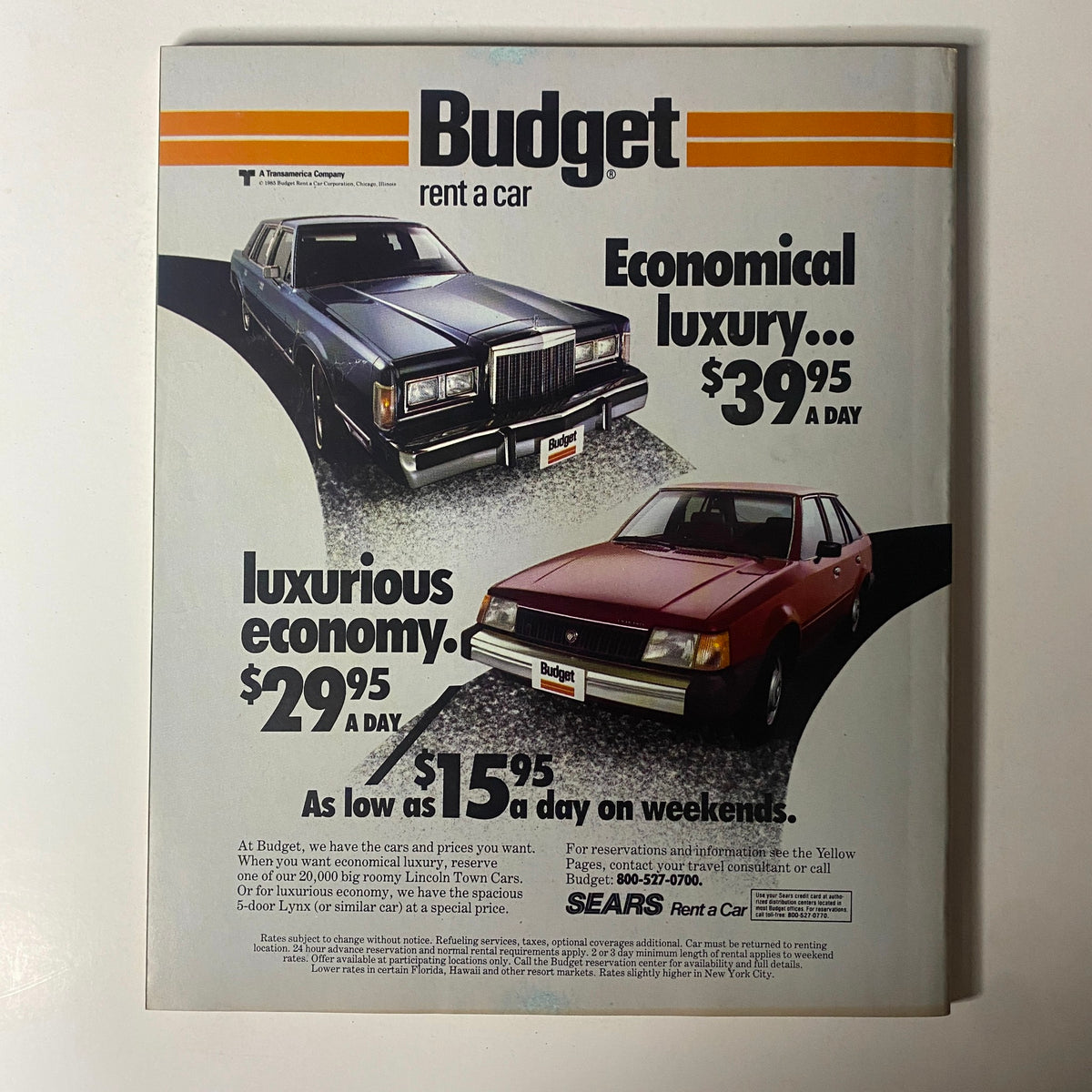 Advertisement for Budget Rent a Car found in Fortune Magazine October 14, 1985, showing rental car options and pricing alongside the magazine's cover story 'Making It Safer to Fly'.