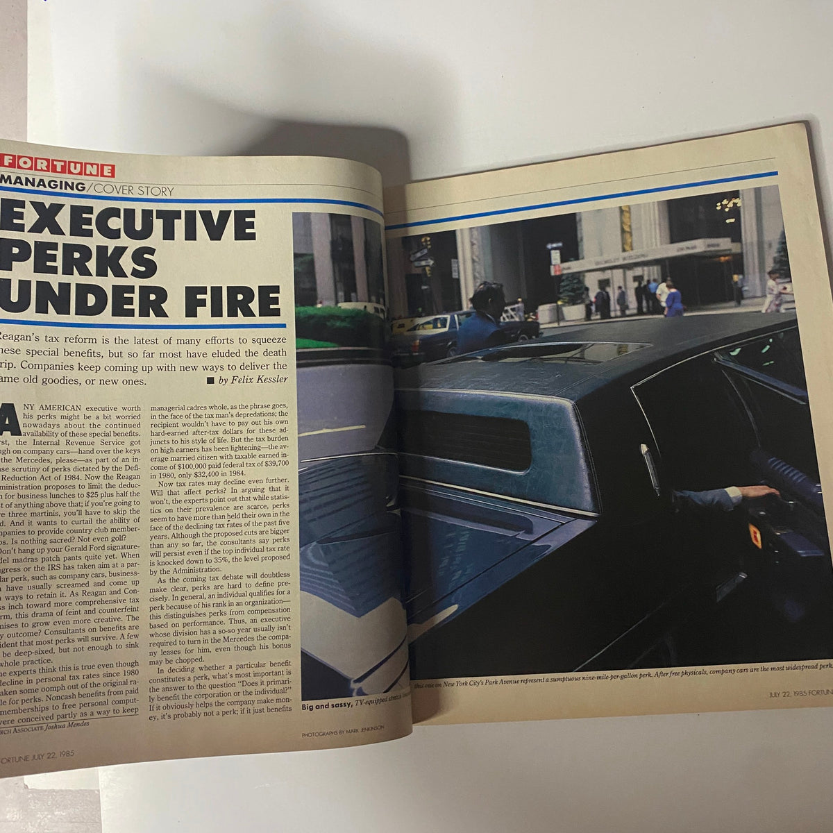 Inside spread of Fortune Magazine July 22, 1985, featuring the cover story 'Executive Perks Under Fire,' discussing the challenges executive bonuses face amid tax reforms.