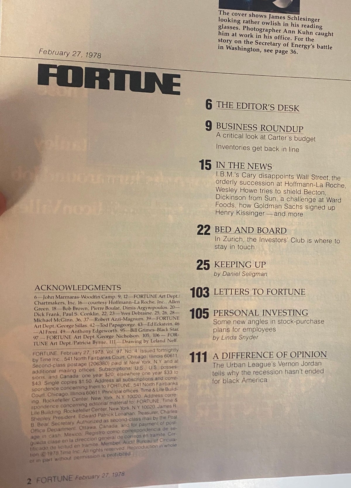 Inside page of Fortune Magazine February 27, 1978 displaying the contents and features including editor's desk, business roundups, and columns offering insights on economic policies.
