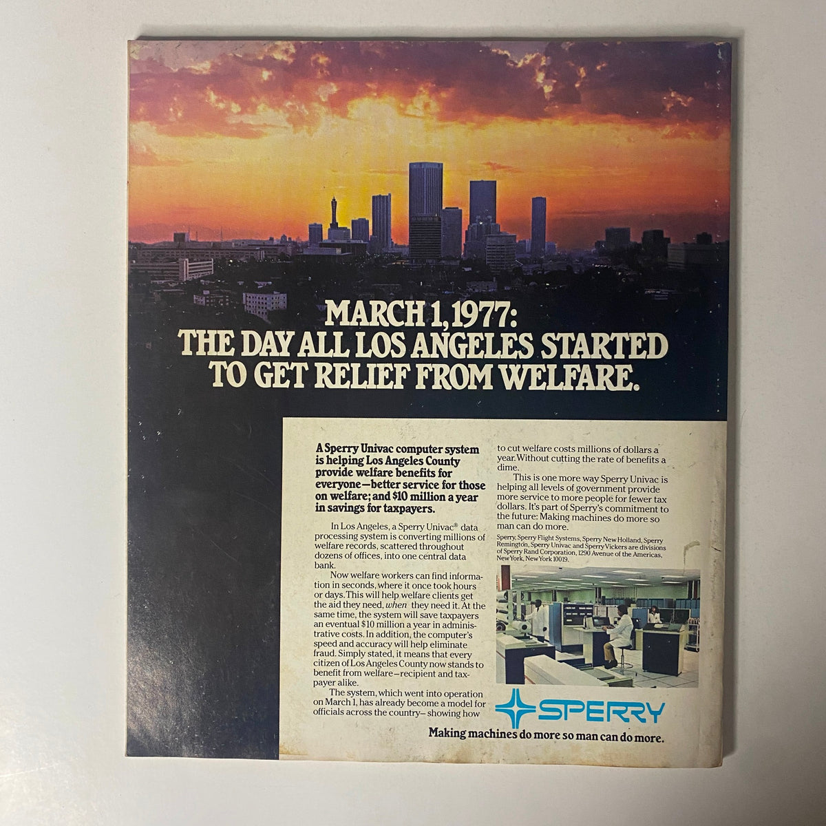 Back cover of Fortune Magazine February 27, 1978 showcasing a sunset view of Los Angeles with an advertisement for Sperry Univic, highlighting the launch of a new computer system for welfare benefits.