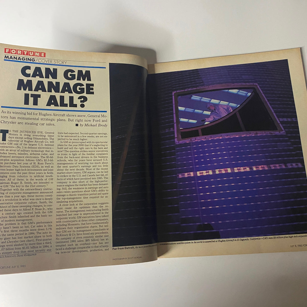 Feature article page titled 'Can GM Manage It All?' from Fortune Magazine July 8, 1985 discussing General Motors strategies.