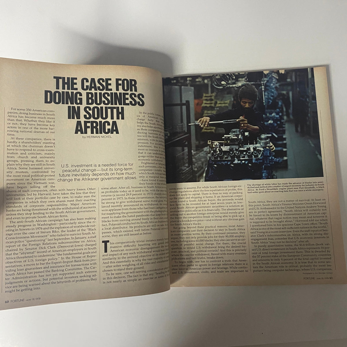 Interior article from Fortune Magazine, June 19, 1978, titled 'The Case for Doing Business in South Africa', discussing U.S. investments.
