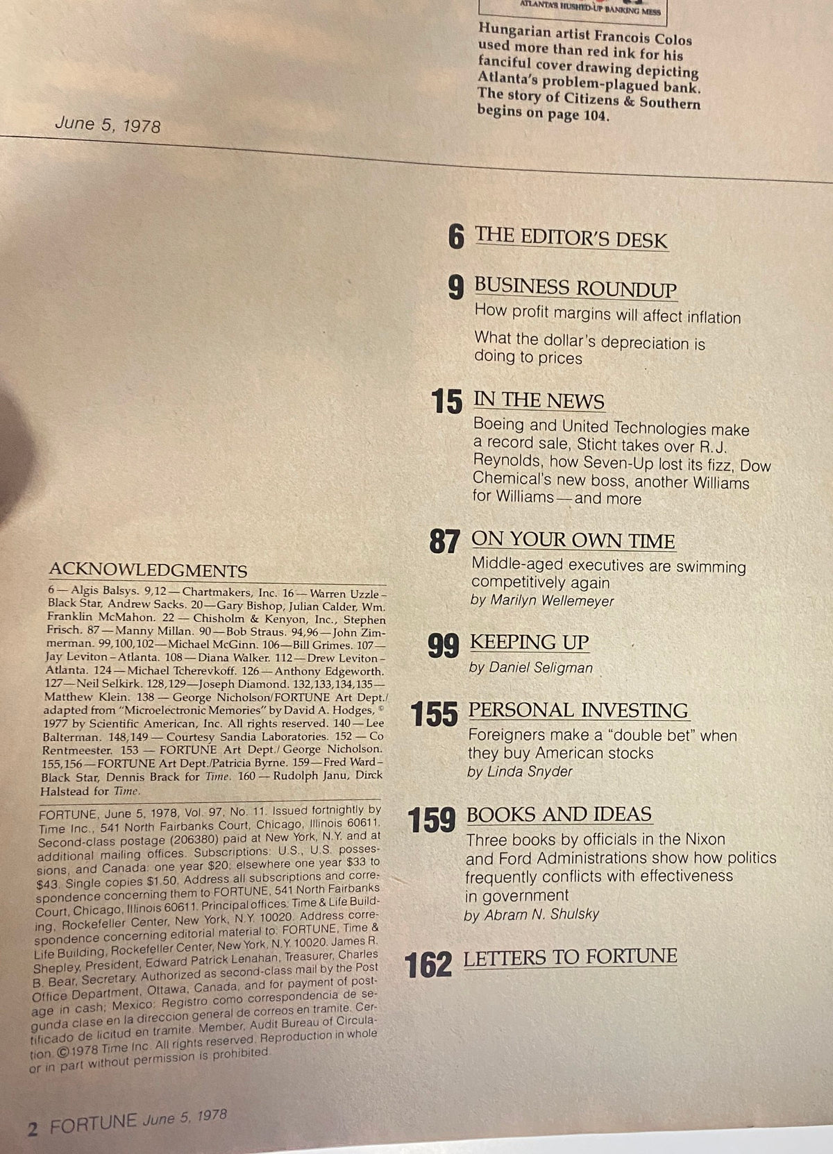 Table of contents from the June 5, 1978 issue of Fortune Magazine, detailing articles including 'The Editor’s Desk' and 'Business Roundup'.