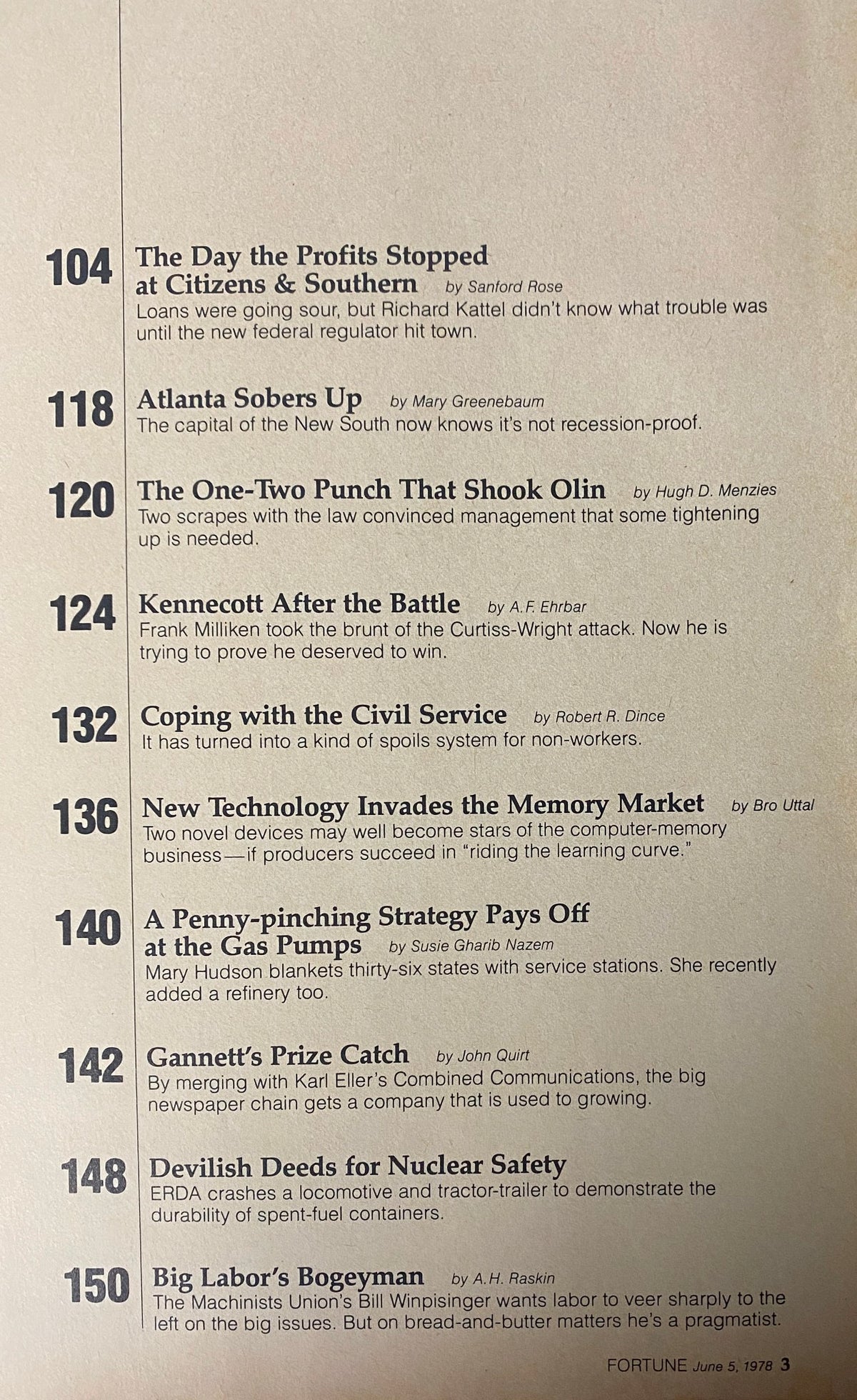 Page 3 from the June 5, 1978 Fortune Magazine showing an article index including 'The Day the Profits Stopped at Citizens & Southern'.