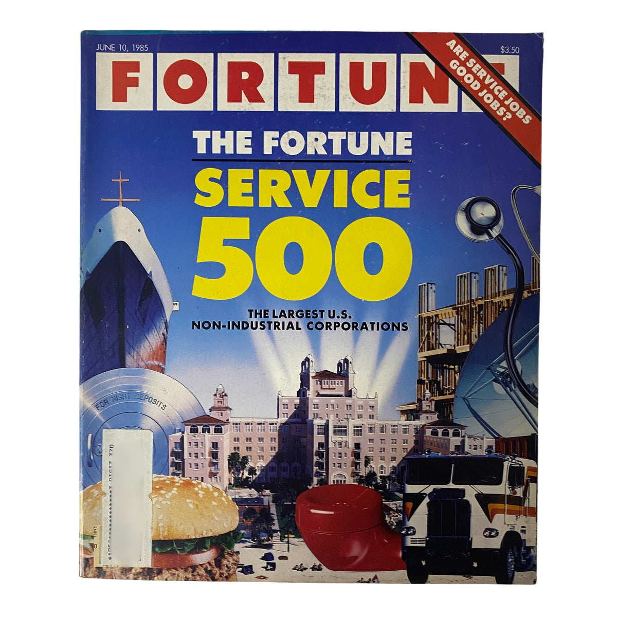 Cover of Fortune Magazine June 10, 1985, featuring 'The Fortune Service 500' and a collage representing the largest U.S. non-industrial corporations.