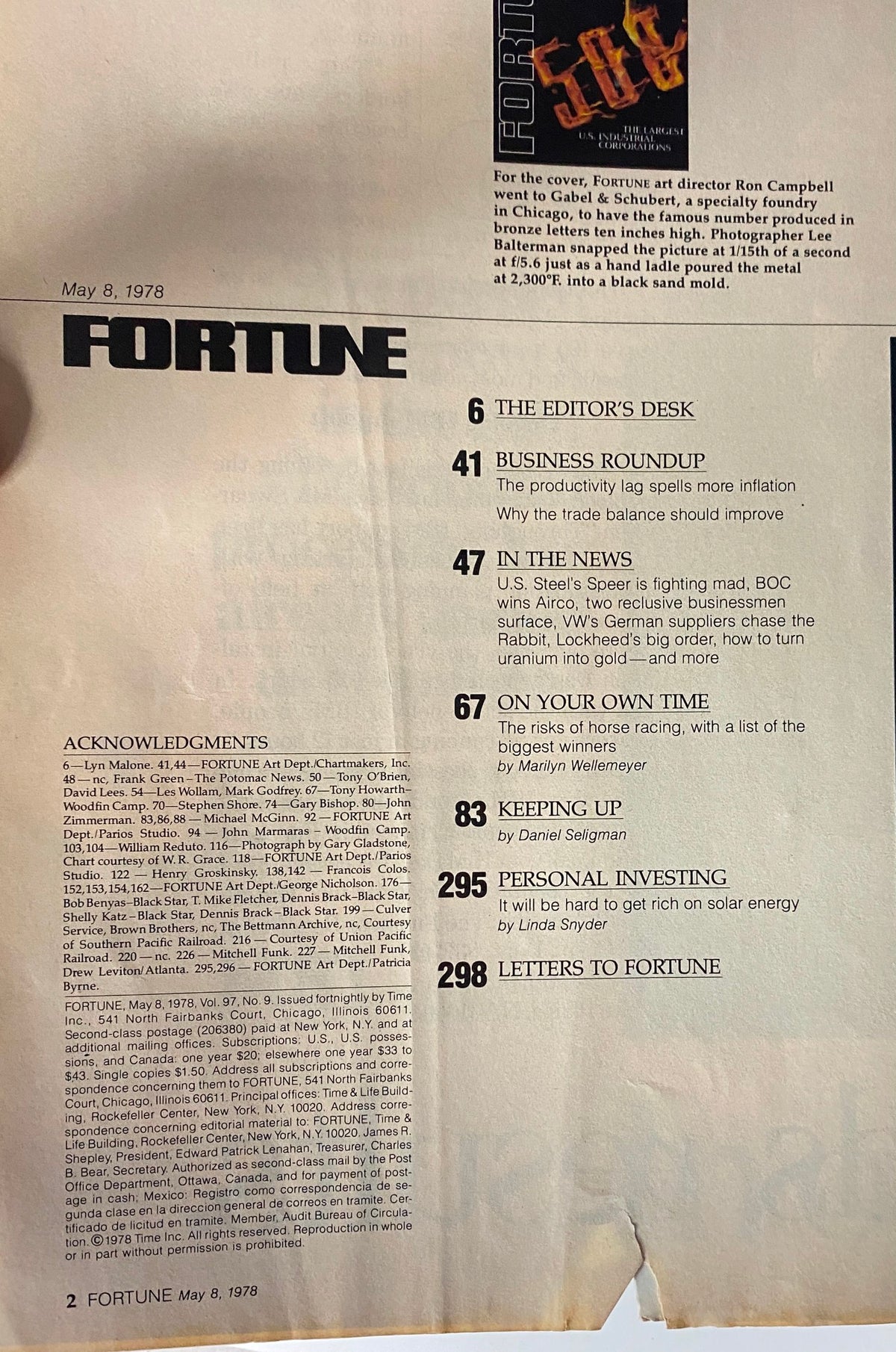Inside page of Fortune Magazine, May 8, 1978, displaying the table of contents and articles, focusing on 'The Largest U.S. Industrial Corporations'.