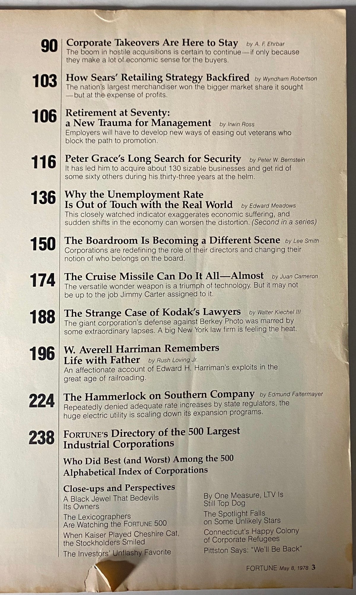 Back cover of Fortune Magazine, May 8, 1978, showcasing articles including 'Corporate Takeovers Are Here to Stay' under the theme of 'The Largest U.S. Industrial Corporations'.