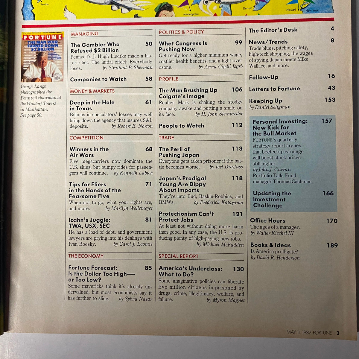Table of contents page from Fortune Magazine, May 11, 1985, detailing articles including 'The Gambler Who Refused $2 Billion' about Pennzoil's J. Hugh Liedtke.