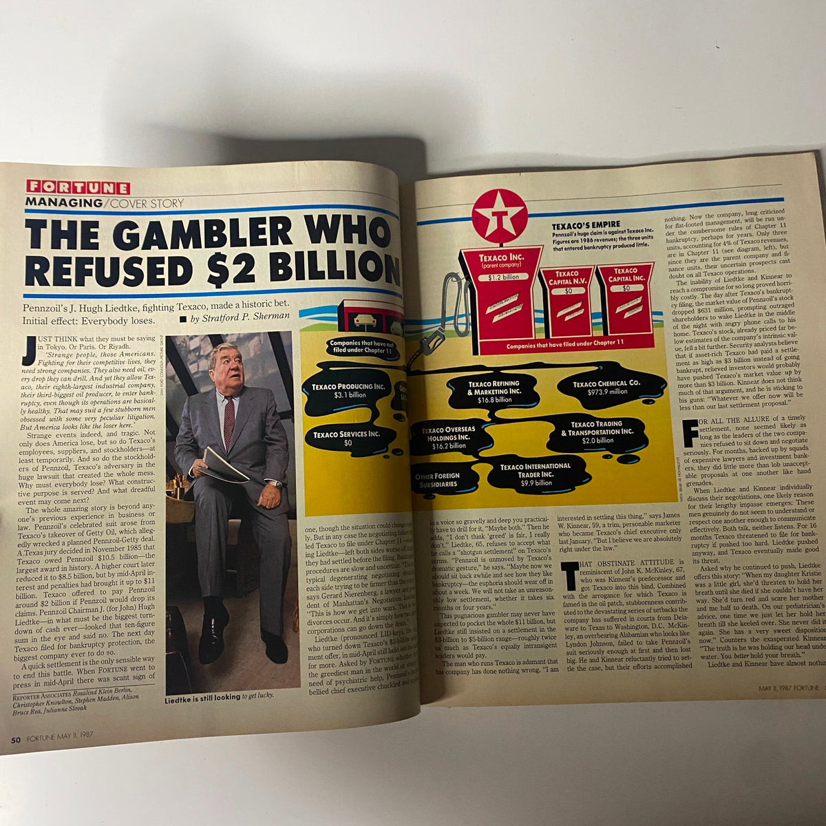 Inside page of Fortune Magazine from May 11, 1985 featuring the article 'The Gambler Who Refused $2 Billion,' discussing J. Hugh Liedtke's corporate strategies.