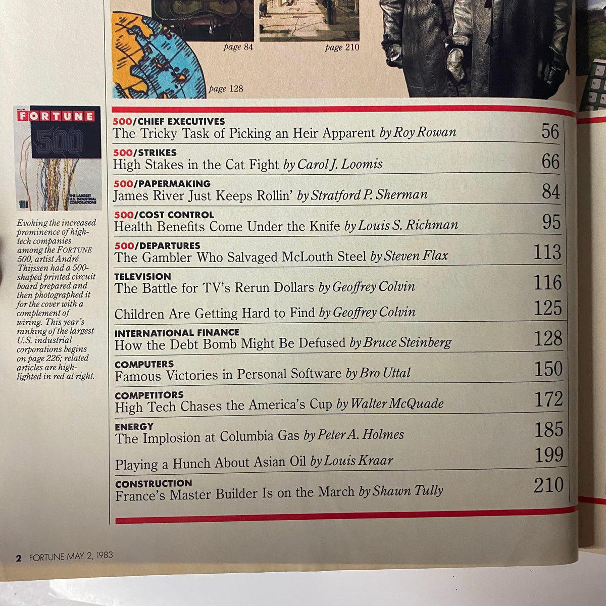 Table of contents from Fortune Magazine May 2, 1983, detailing feature articles including insights on executives, labor strikes, and international finance related to the Fortune 500.