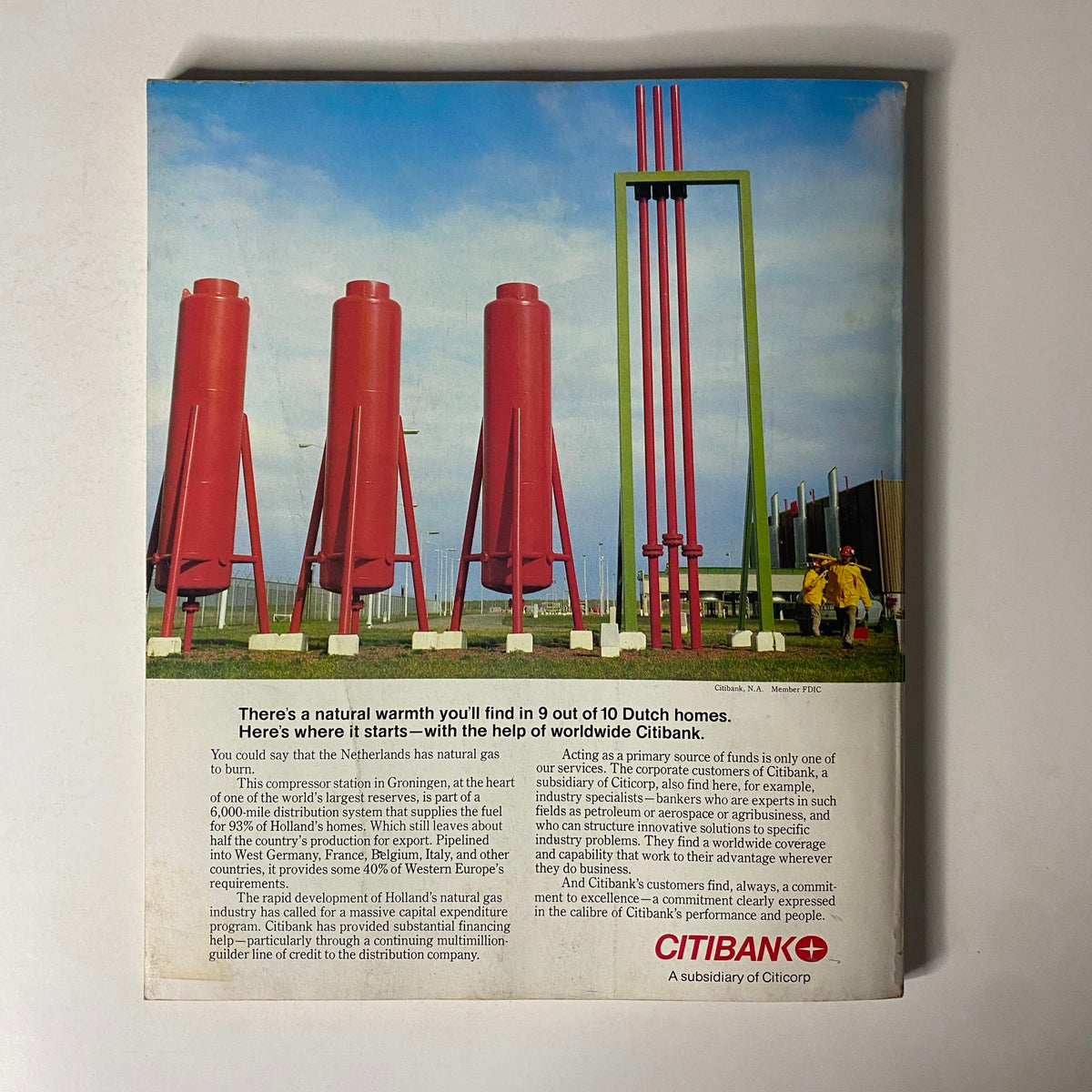 Back cover of Fortune Magazine May 8, 1978 advertising Citibank with a colorful image of red gas compressor stations, highlighting corporate financing in the Netherlands.