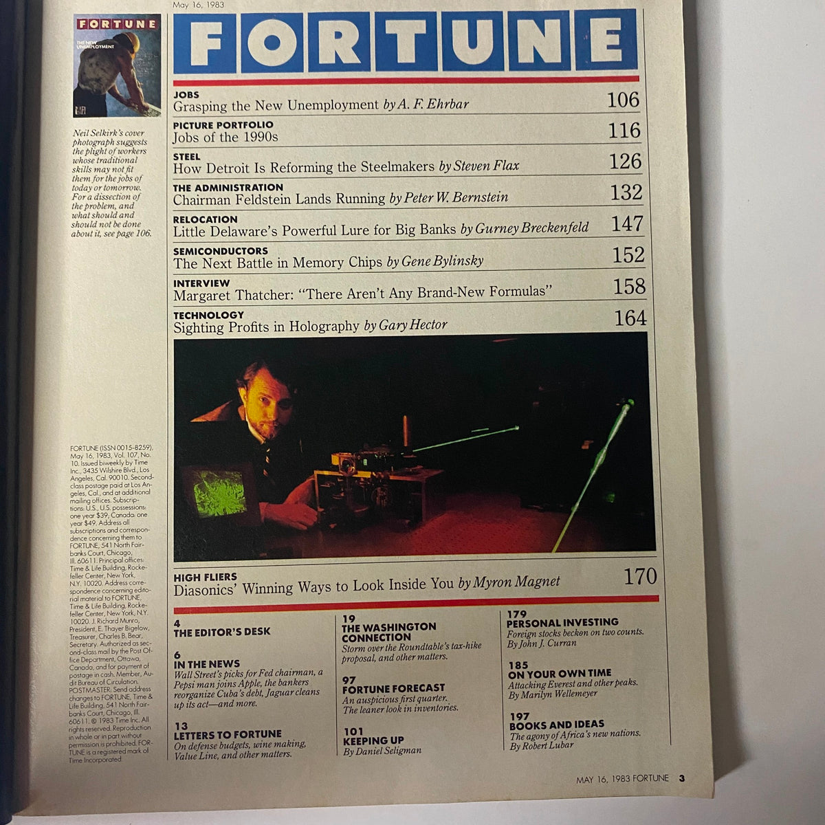 Table of contents from Fortune Magazine May 16, 1983, listing articles including 'Grasping the New Unemployment' and 'How Detroit Is Reforming the Steelmakers', highlighting significant economic topics.
