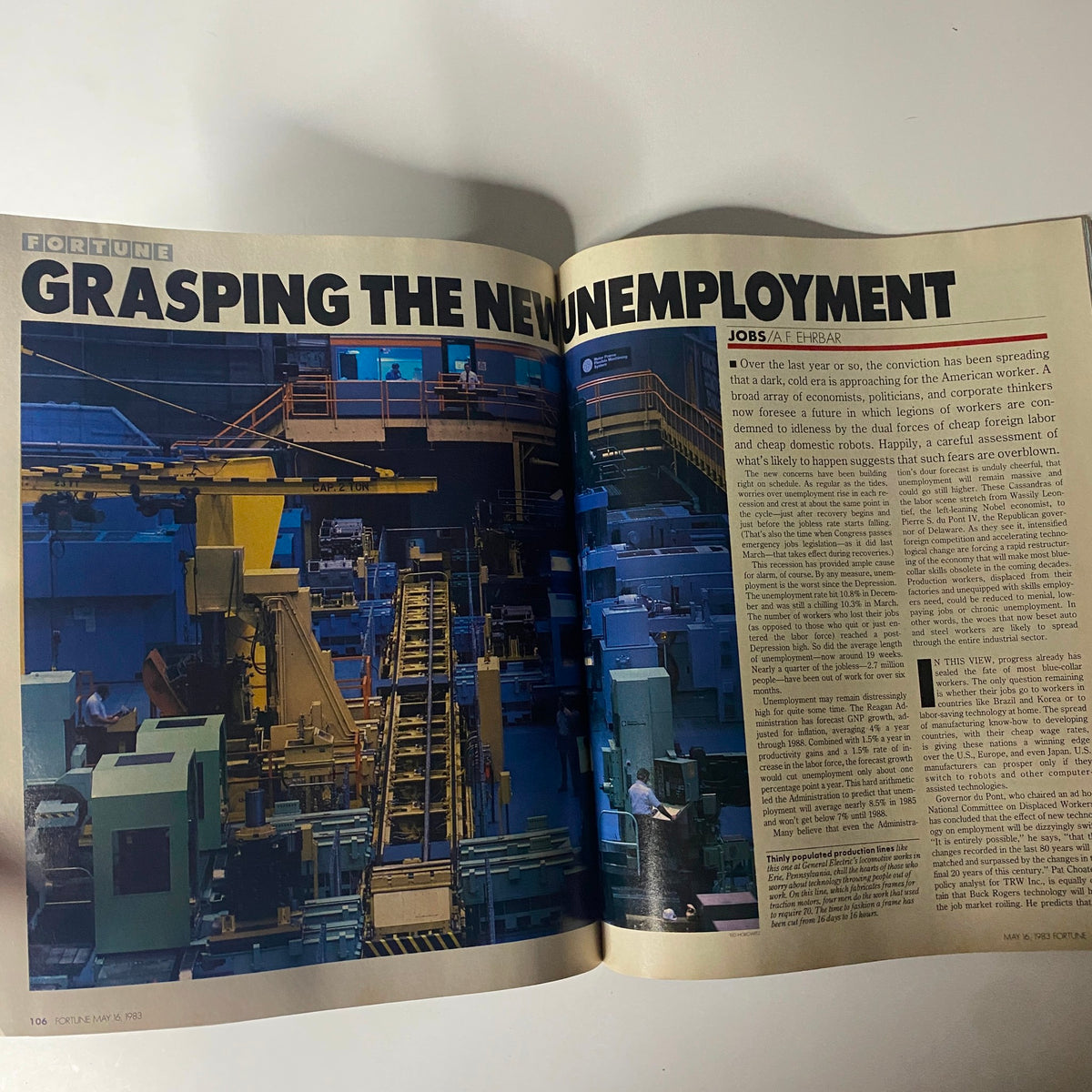 An interior page from Fortune Magazine May 16, 1983, showcasing the article 'Grasping the New Unemployment' by A. F. Ehrbar, discussing the outlook on American jobs amidst changing economic conditions.