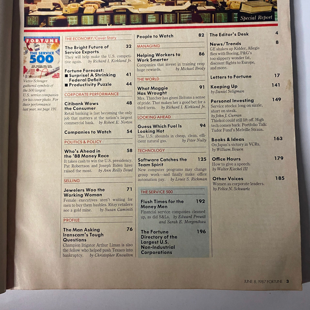 Inside page from Fortune Magazine June 8, 1987, detailing articles including 'The Bright Future of Service Exports' and corporate strategies.