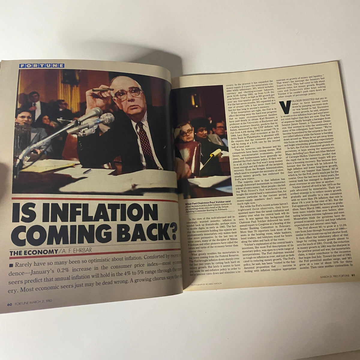 Article page from Fortune Magazine March 21, 1983, titled 'Is Inflation Coming Back?' featuring commentary on economic optimism and inflation forecasts.