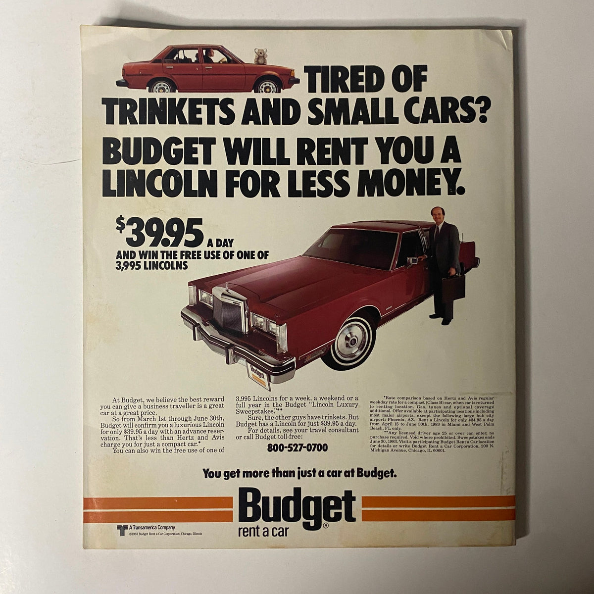 Advertisement on the back cover of Fortune Magazine March 21, 1983, for Budget Rent a Car, promoting Lincoln rentals at an attractive price.